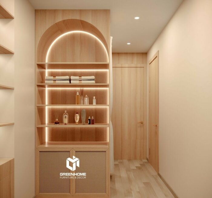 Nội thất Spa cao cấp tại Bà Rịa sử dụng tủ gỗ màu ấm, sang trọng và gần gũi.