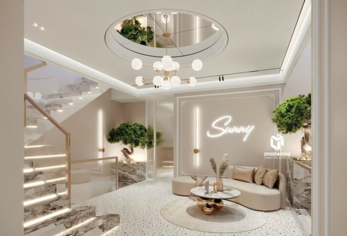 Nội thất phòng khách Spa cao cấp tại Bà Rịa với tông màu sáng kết hợp cây xanh.