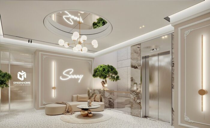 Nội thất phòng khách spa cao cấp có thang máy, hệ thống đèn trần, tường rực rỡ.