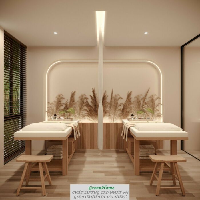 Nội thất spa cao cấp thiết kế đối xứng với giường gỗ, sàn gỗ, tường có vòm cong trang trí.