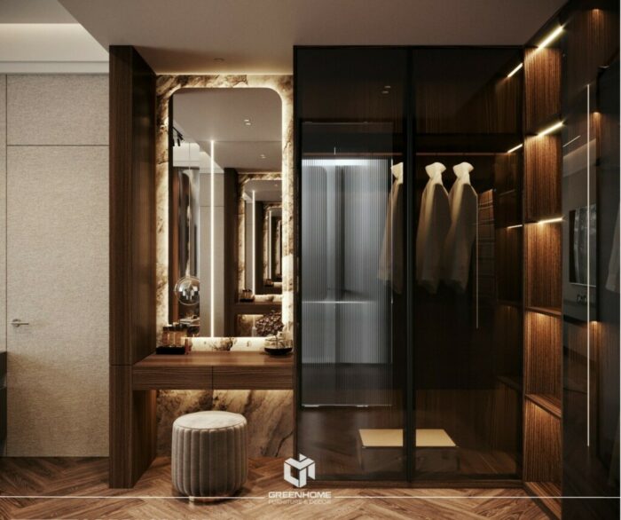 Thiết kế tủ quần áo tích hợp bàn trang điểm tông màu tối sang trọng cho phòng ngủ.