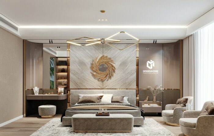 Thiết kế phòng ngủ có đầy đủ bàn trang điểm và ghé sofa ngồi thư giãn.
